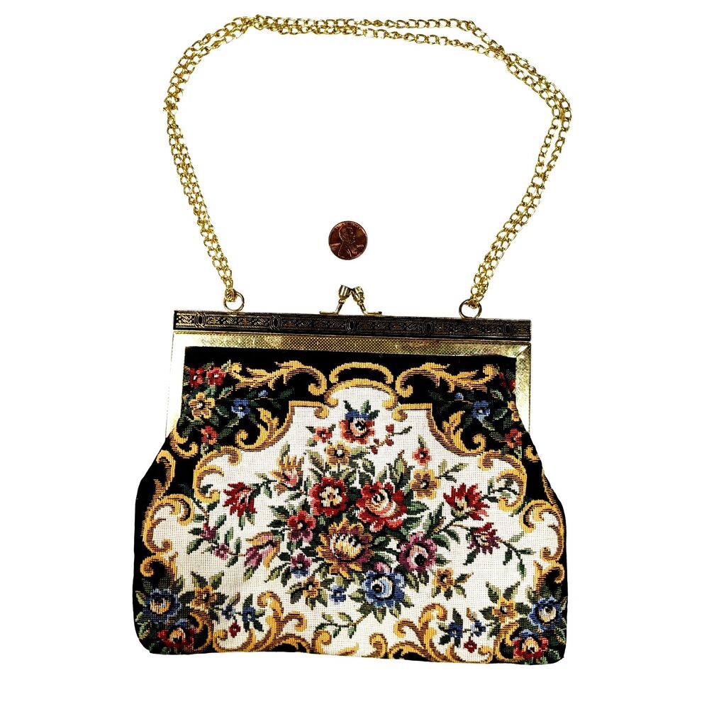 Vintage Floral Tapestry Shoulder Purse Or Handbag Gold Chain Kiss Clasp Regency